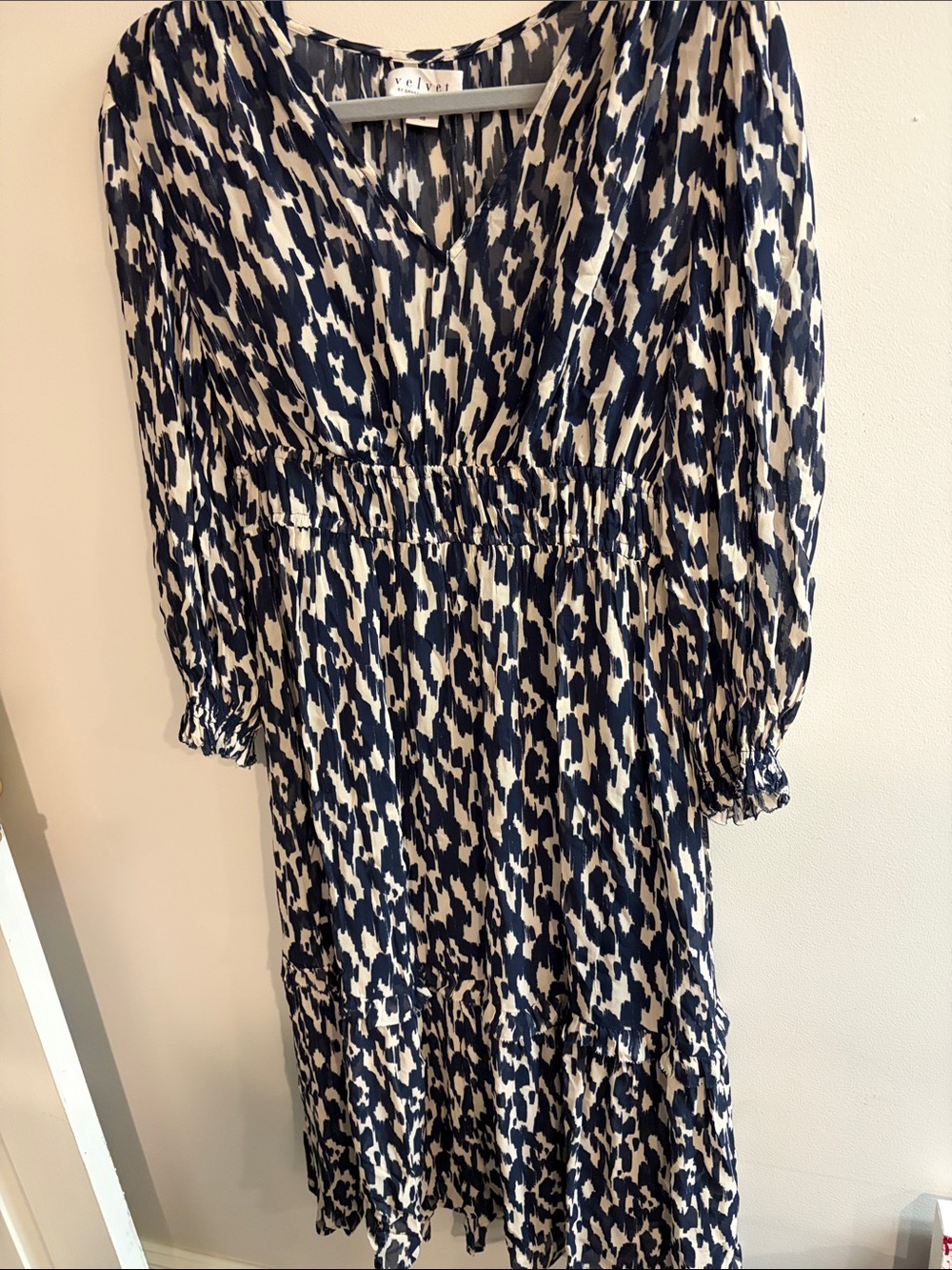 Velvet by Graham & Spencer Navy and Ivory Printed Tiered V-Neck Dress